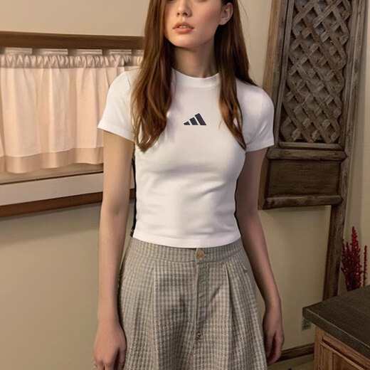 阿迪达斯 （adidas）短款T恤女夏季新款白色校园风半袖运动美式上衣修身短袖 JV9859/拍大一码 假一赔十 S 推荐85-110斤