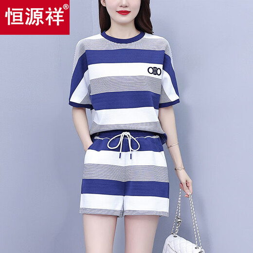 恒源祥休闲条纹套装女时尚减龄2025夏季新款显瘦显瘦百搭短袖短裤两件套 蓝色套装(上衣+裤子) M 建议100斤以内