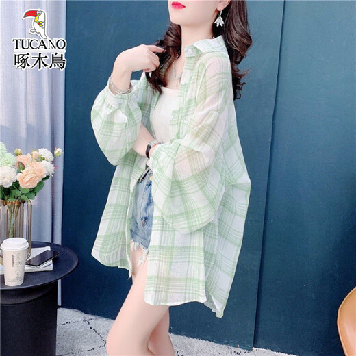 啄木鸟冰丝防晒衣女夏季新款透气轻薄衬衫宽松格子外套 蓝色 S