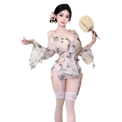 内衣性感蝴蝶印花透视系带深开襟和服睡袍睡衣6227 古印花外袍 均码
