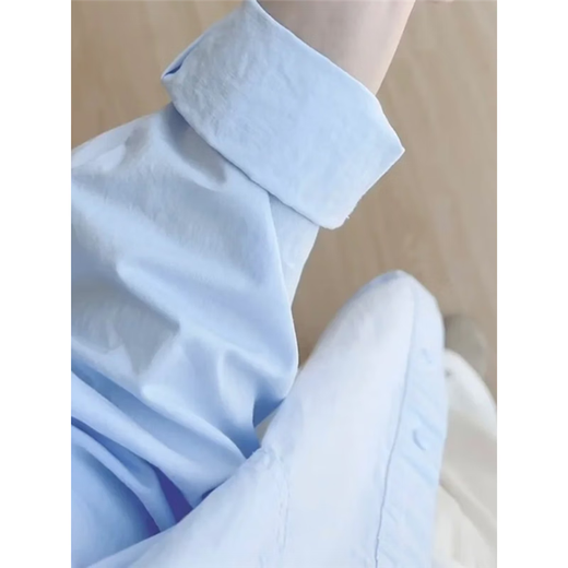 Pure cotton blue shirt for women spring and autumn 2026 new style long-sleeved shirt inside the lapel and Korean style top for small people, blue XL