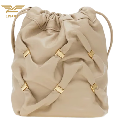 Ferragamo Bucket Bag Women's Bag New Shoulder Bag Drawstring Closure Casual Bag Exquisite and Versatile Beige
