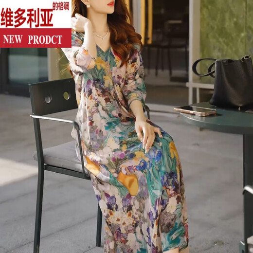 维多利亚的格调法式气质V领碎花连衣裙女2025新款夏季新款亲肤飘逸度假风长裙子 碎花连衣裙 S 建议100斤以内