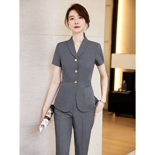 桢译售楼部工作服西装短袖套装女气质女神职业装前台工装酒店餐饮经理 YWZ9905长袖藏青色西装 S