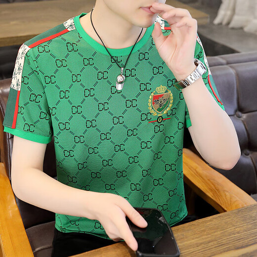 DVHNMK Luxusmarke Herren Eisseide kurzärmeliges T-Shirt für Herren Sommermode lässige dünne antibakterielle runde Hals freies Eisen-T-Shirt Kaffee m