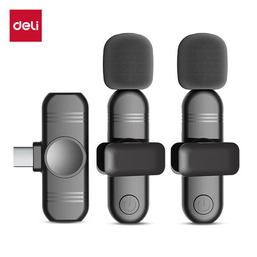 Deli Wireless Lavalier Mic Noise Canceling Radio Mic Mobile Phone Video Audio Recording Anchor Live Broadcast Outdoor Shooting One to Two Android Apple Professional Single and Double Recording Mic Wireless Double Radio One to Two/Android and Apple Universal/Type-C Interface