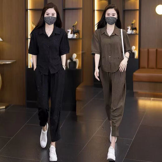 啄木鸟休闲时尚套装女2025夏季新款宽松洋气细闪减龄衬衫哈伦裤两件套女 深咖色-套装579 M 建议90斤-105斤