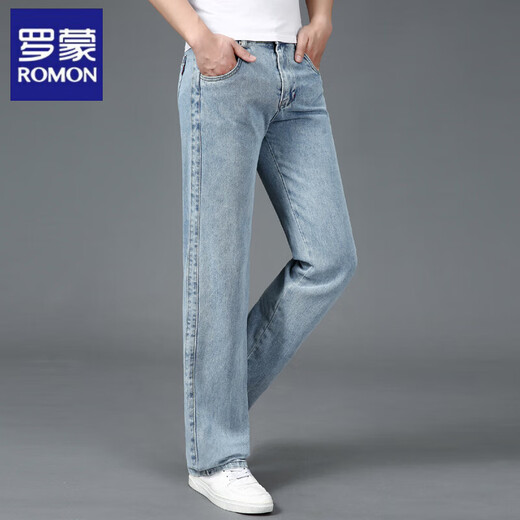罗蒙（ROMON）春秋宽松牛仔裤男士薄款直筒纯棉大码阔腿四季休闲中年长裤大裤脚 688牛仔灰 31 腰围2尺4