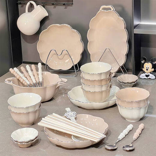 溥畔轻奢陶瓷碗盘套装家用新款中式餐具感釉下彩碗碟碗筷乔迁 描金款4-6人食礼盒装1355