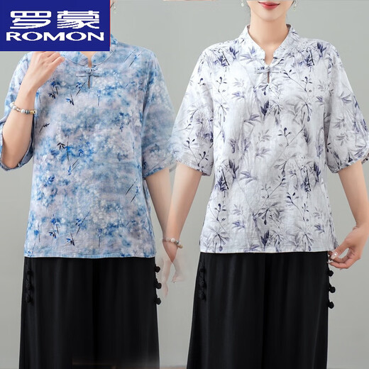 罗蒙（ROMON）纯棉中式夏装时尚洋气2025新款气质中老夏季国风T恤小衫上衣短袖 花色 1号色 Q24-10 款  上衣 XL 建议90-115斤