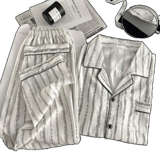 UKUHPK Pyjama Herren Frühlings- und Herbst-Cloud-Baumwoll-Langarmdünnstil 2025 Jugend Einfacher großer Sommerset 12401 [Modell Cloud Cotton] L [100-130jin [Jin entspricht 0,5 kg]]