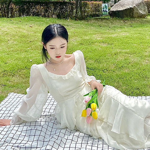 Bangbo French style long-sleeved dress 2025 spring and autumn new style women's design gentle and windy mesh super fairy fairy dress long-sleeved dress pure white M (suitable for 85-100)
