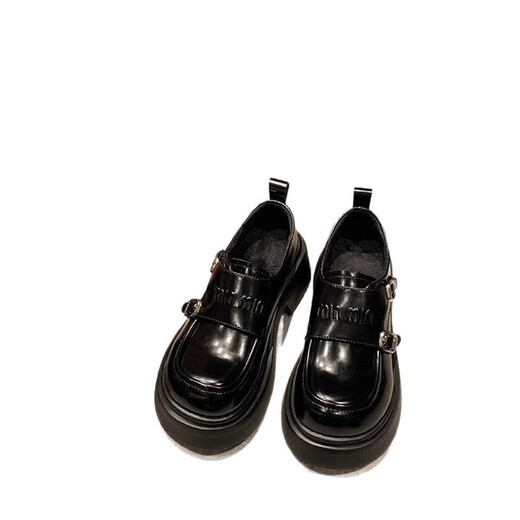 
Belle's Spring 2025 new double buckle round toe British style plus velvet thick sole loafer small leather shoes women's P1048-3 black 35