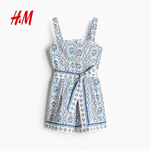 H/M Frauen -Strampler 2025 Sommer Neuer modischer Baumwollpopel -Jumpsuit 1285145 Weiß/Blau -Muster M 160/88