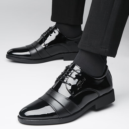 Erxu men's leather shoes, suit shoes, business pointed toe, wedding soft leather casual formal wear flat sole bright light invisible inside height 9921 bright light black inside height 38