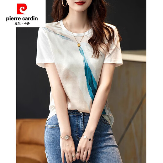 皮尔卡丹（PIERRE CARDIN）桑蚕丝100%剪标专柜欧货女装夏季印花桑蚕丝真丝短袖t恤女上衣 6167白色 S