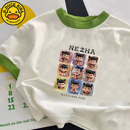 G.DuckKids Nezha Vêtements pour enfants Vêtements pour enfants Summer Coton Pure Carton Carton Children's Boys and Girls Sleeve NOUVEAU TOP T-SHIRT ROUND COUP 673 BLANC [9 GRID NEZHA] 100