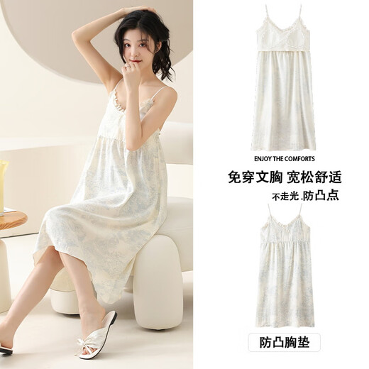 Victoria style suspender nightgown with breast pads for women, sexy summer sleeveless thin sweet and cute pajamas, summer mid-length skirt that can be worn outside V-6624 with breast pads L