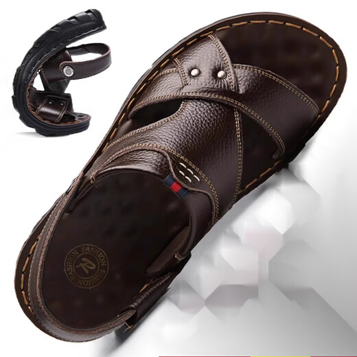 Hot Air Farn (Refengmai) Sandalen Herren echtes Leder 2025 Sommer Neue Männer-Hausschuhe Dual-Purple-Weiche Sohle Mitte des Alters Schuhe im mittleren Alter alte Männerschuhe 9928-Brown 38 _ [Standard Lederschuhgröße]