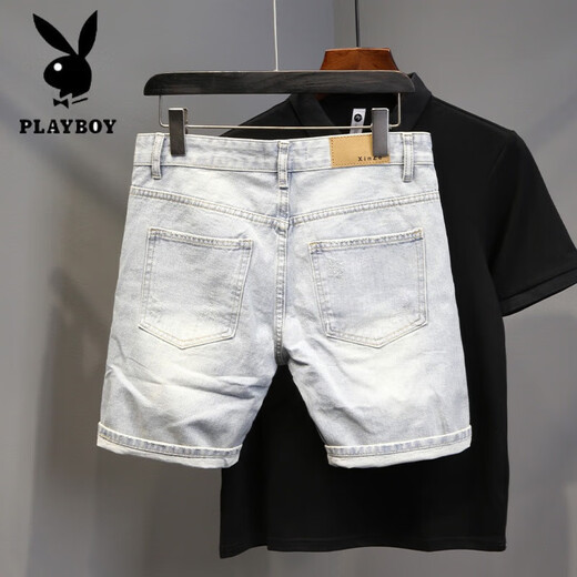 PLAYBOY (PLAYBOY) NUEVO Summer Old Light White Whisker rasgó pantalones de cuatro y cinco puntos para hombres Shorts versátiles versátiles (T693) Azul 31 (recomendado 120-130Jin [Jin equivale a 0.5 kg])