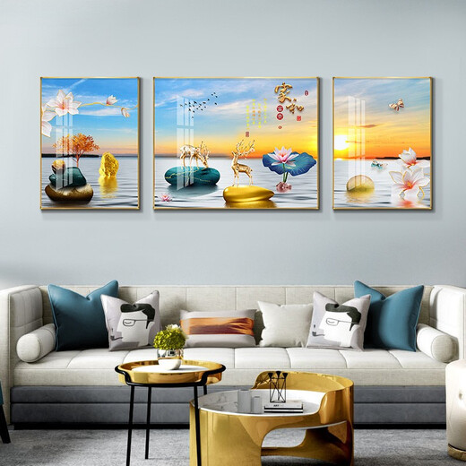 Tongdi Moderne einfache Wohnzimmer Dekoration Malerei Sofa Hintergrund Wandmalerei Gemälde Neue chinesische Stil Glattes Hängsmalhalle Wandmalmalerei 9 Zuhause und Reichtum 15686 Porzellan Diamant Inlay in der Mitte 140*90 Seite 70*90 Gold Rahmen