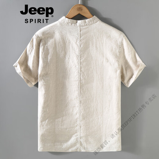 
JEEP SPIRIT retro Chinese style summer linen top Tang suit men stand collar thin short-sleeved cotton linen shirt Chinese button-up shirt 1047 white M
