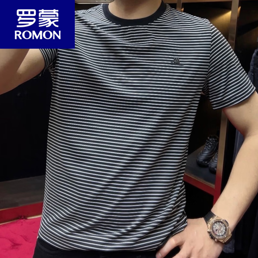 ROMON 2025 summer new product round neck striped short-sleeved men's T-shirt casual half-sleeved slim bottoming shirt sports t-shirt trend 9901 black M recommended 90-115Jin Jin equals 0.5 kg