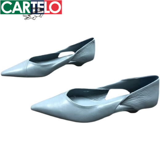 卡帝乐鳄鱼（CARTELO）欧洲站女鞋2025春季新款欧货真皮细跟浅口尖头镂空猫跟休闲单鞋女 白色 36