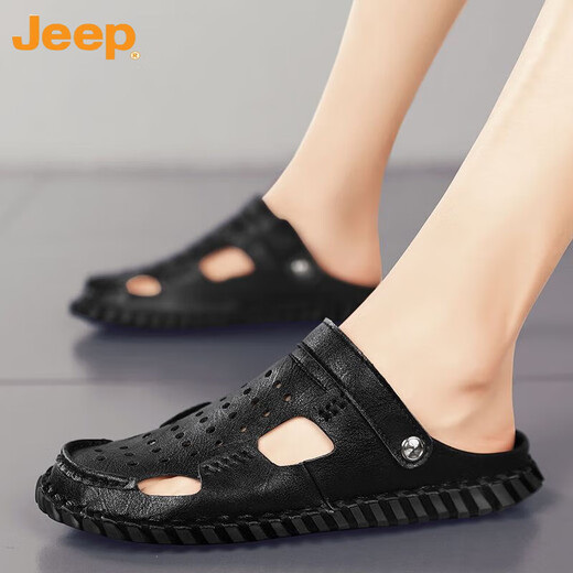 Jeep (Jeep) Sandalias Baotou para hombres de doble uso de hombres 2023 Summer NUEVO estilo al aire libre Driver de dos lados Sandalias de cuero de playa transpirable 12033 Hy Black 40