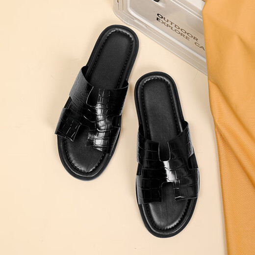 Walker Shop Slippers Men's 2025 Summer Nuevo cuero genuino al aire libre Flops sin deslizamiento sandalias de hombres al aire libre y modernas negras 38 (tamaño de zapato de cuero)