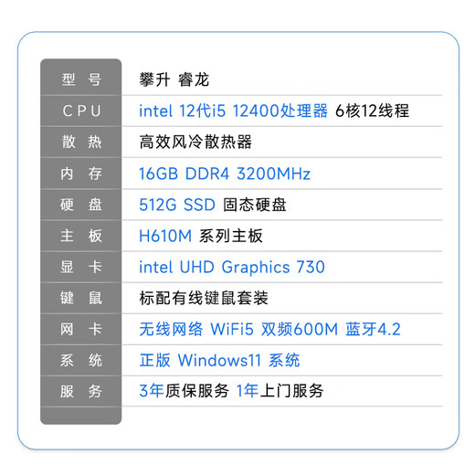 Pansheng Ruilong T5 full set of office and commercial desktop computers (i5-12400 16G 512G solid state WiFi) National subsidy 20%