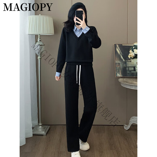 MAGIOPY国际奢侈高档品牌2025春轻职场休闲运动套装女洋气减龄黑色假两件 黑色两件套 S(100斤以内)