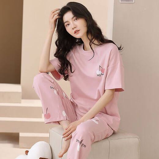 浪莎100%纯棉睡衣女春夏短袖长裤休闲宽松女韩版家居服秋季可外穿套装 T-9711(短袖长裤) M码(85-105斤) 均码