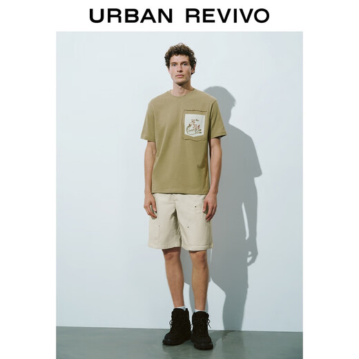 UR2025 Sommer Neue Herren Mode Casual Kontrast Farbe süßes Haustier Sticked kurzärmelig T-Shirt Uml450152 Khaki L