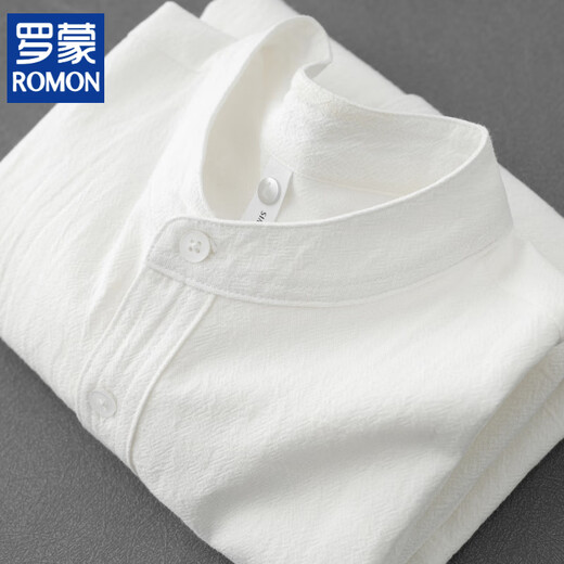 ROMON Men's stand-collar white short-sleeved shirt Men's Japanese round neck three-quarter sleeve T-shirt Henry collar textured shirt C1020-white-three-quarter sleeve L 90-110Jin Jin equals 0.5 kg