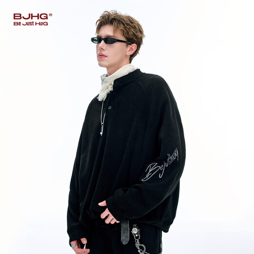 BJHG reckless henley collar polo shirt men's autumn trendy brand 2025 new long-sleeved sweatshirt loose inner layering shirt graphite black 2XL