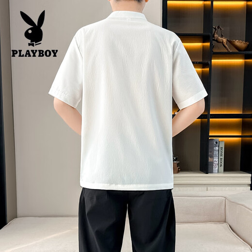 Playboy (Playboy) Traje de camiseta de manga corta de estilo chino para hombres falsos de dos piezas de dos piezas a cuadros a cuadros Lino de algodón de algodón de dos piezas One Set New Chinese Stand-up Collar T 9887 White [superior + pantalones] Manga larga M 110Jin [Jin equivale a 0.5 kg]