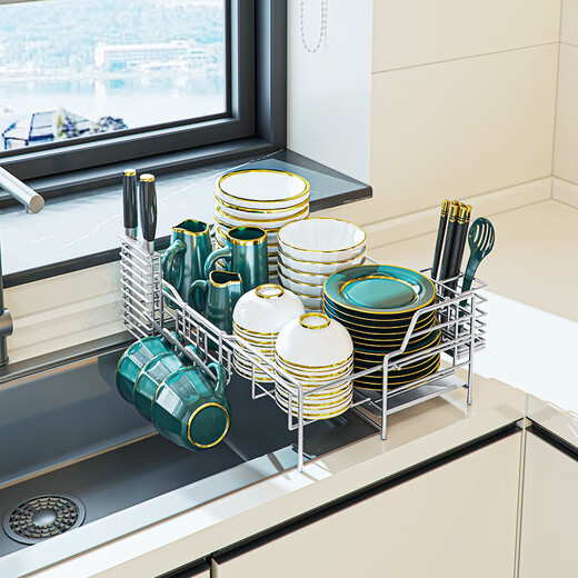 Jijian Space Kitchen Bowl Rack Drain Rack Countertop Multi-functional Pool Place Chopsticks Water Cup Storage Rack Tableware Bowl Dish Storage Rack M688 Large Double-Layer Silver Gray 58CM Full Set of Pendants