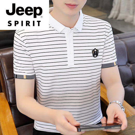 Jeep Spirit High-End Ice Seide gestreiftes Polo-Hemd Herrenanlagen kurzärmelig T-Shirt Sommer bestickt kühl halbärmelig T-Shirt Top T-Shirt Beige TB5012 M Empfohlen 85-105jin [Jin gleich 0,5 kg]