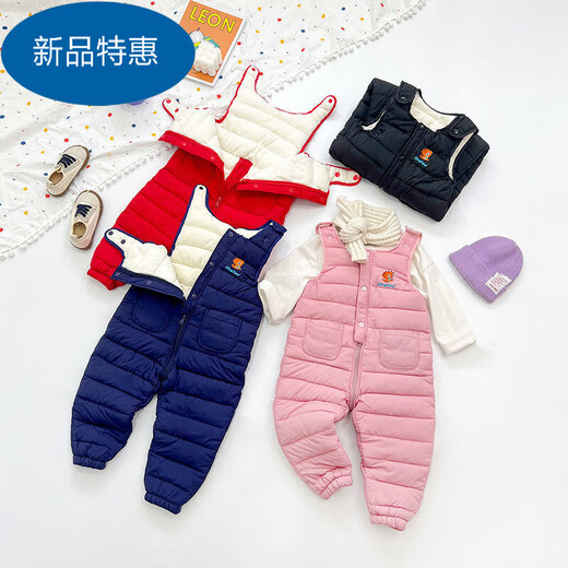Warm winter baby overalls suit winter outer wear plus velvet for boys and girls baby open jumpsuit down cotton trousers bean paste red (plus velvet) 80 70-80CM