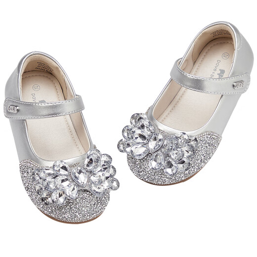 DAVE&BELLA children's crystal shoes leather shoes spring new baby girl princess shoes girls Mary Jane children's shoes children's shoes crystal silver spot 25