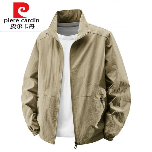 Pierre cardin 2025 new spring and autumn stand-up collar jacket for men thin jacket for men casual spring and autumn waterproof thin style knitted 9928 hooded-khaki M