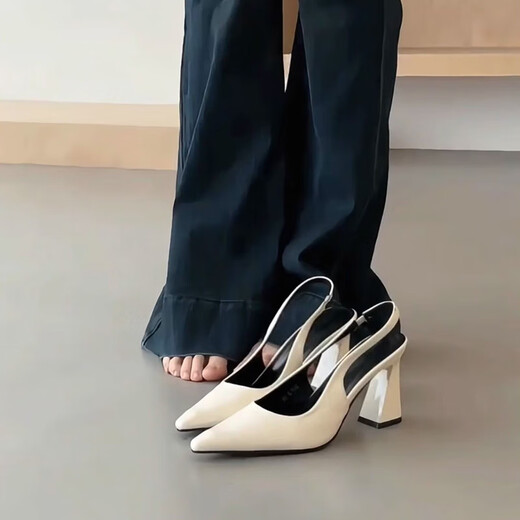 Lekali temperament high heels for women 2025 summer new French thick heel pointed toe sandals fashionable and versatile bag-toe single shoes beige 5cm card size large 38