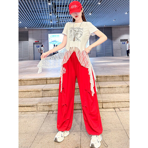 
Diligent Jazz Dance Clothing Women's Suit Adult Summer Thin Trail Dance Top Lace Spliced ​​Square Dance Casual Bouquet White Pants 6627 M [80-105Jin[Jin equals 0.5 kg]]