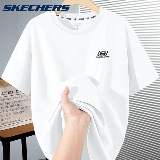 SKECHERS斯凯奇休闲短袖男士夏季跑步户外运动半袖纯棉圆领时尚潮流t恤男 U071-0019亮白色 L /175
