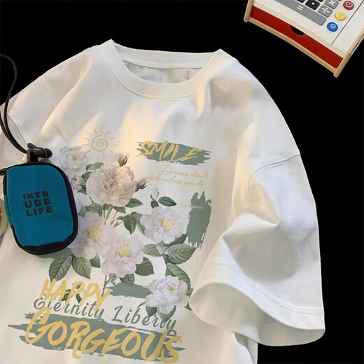 7家优品山茶花印花短袖t恤男生潮牌潮流圆领上衣服夏季宽松重磅半袖体恤 XHWP-B1047黑色 XL