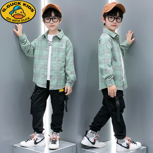 G.duck children's clothing boys' shirt spring and autumn children's shirt long-sleeved cotton 2026 new medium and large children's plaid casual jacket orange double label shirt 110 size (suitable for height around 100cm)