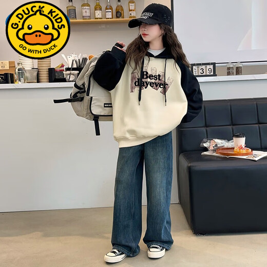 G. DUCKKIDS女童春装卫衣2025新款洋气套装儿童时髦字母上衣女孩春秋牛仔裤潮 黑色【W591字母帽衫】 cm 120
