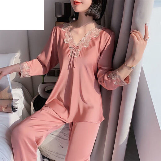 露依姬冰丝睡衣女两件套2025年新款家居服套装春夏薄款妈妈 长袖9856香槟套 2XL 【130-145斤】