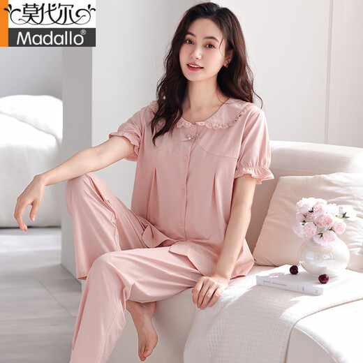 莫代尔2025新款睡衣女夏季带胸垫一体防走光纯棉短袖长裤薄款家居服套装 LSF-694米白 2XL 175建议体重140-155斤